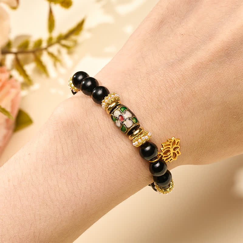 Buddha Stones Schwarzes Obsidian-Cloisonné-Emaille-Blumen-Lotus-Anhänger-Schutz-Rundperlen-Armband - image 4