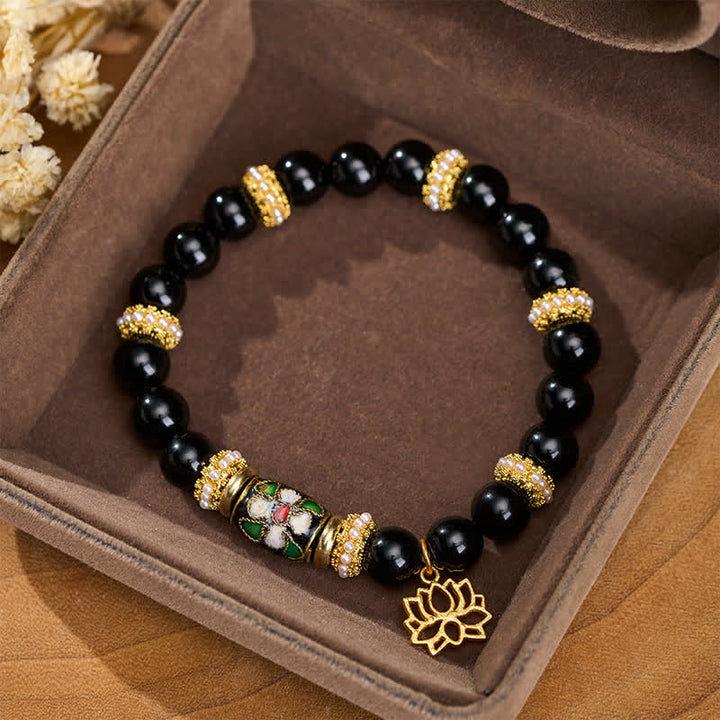 Buddha Stones Schwarzes Obsidian-Cloisonné-Emaille-Blumen-Lotus-Anhänger-Schutz-Rundperlen-Armband - image 1