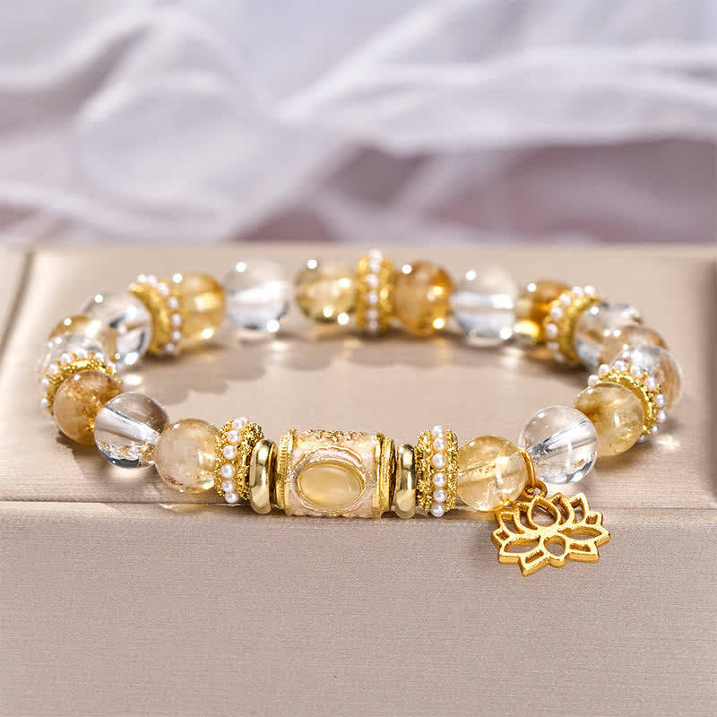 Buddha Stones Citrin-Klarquarz-Emaille-Fassperlen-Lotus-Rundperlenarmband - image 2