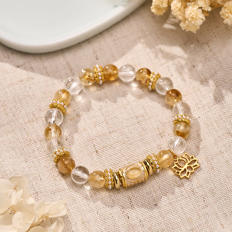 Buddha Stones Citrin-Klarquarz-Emaille-Fassperlen-Lotus-Rundperlenarmband - Citrin-Bergkristall (Handgelenkumfang: 15–16 cm) - image 0