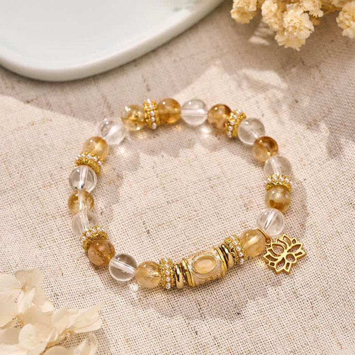 Buddha Stones Citrin-Klarquarz-Emaille-Fassperlen-Lotus-Rundperlenarmband - Citrin-Bergkristall (Handgelenkumfang: 15–16 cm) - image 0