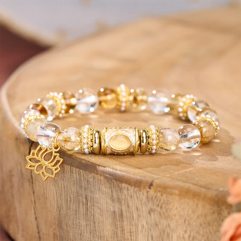 Buddha Stones Citrin-Klarquarz-Emaille-Fassperlen-Lotus-Rundperlenarmband - image 1