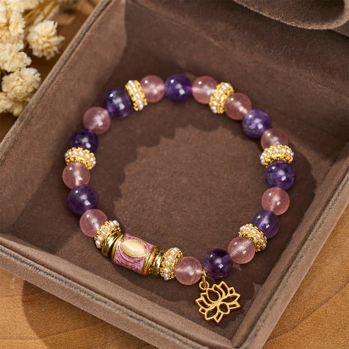 Buddha Stones Natürlicher Amethyst-Erdbeerquarz-Emaille-Fassperlen-Lotusanhänger, ruhiges handpoliertes rundes Perlenarmband - image 1