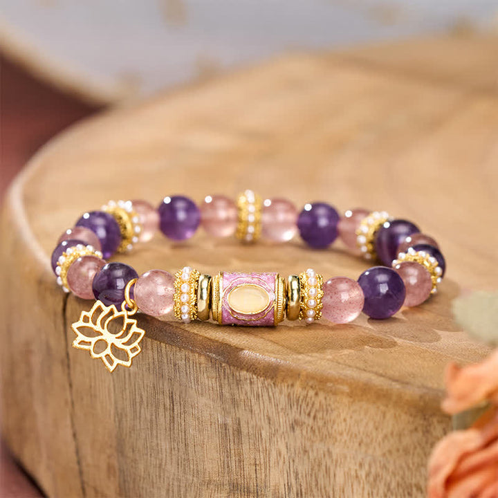 Buddha Stones Natürlicher Amethyst-Erdbeerquarz-Emaille-Fassperlen-Lotusanhänger, ruhiges handpoliertes rundes Perlenarmband - image 2