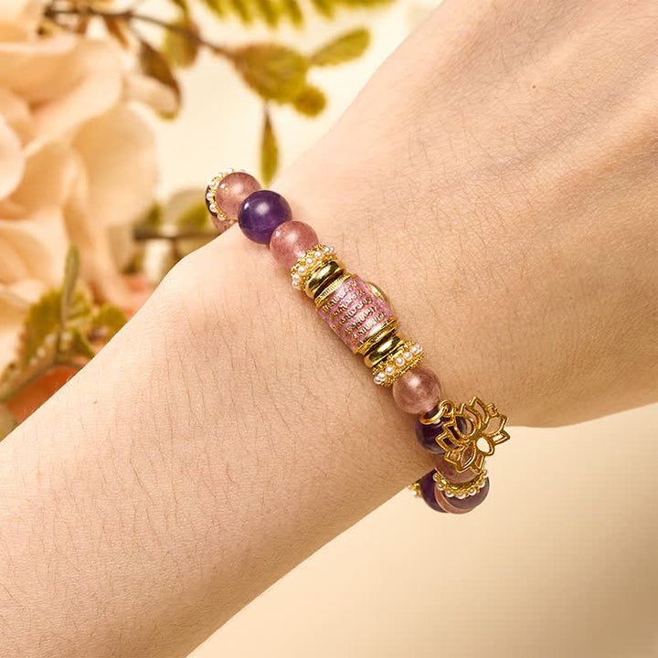 Buddha Stones Natürlicher Amethyst-Erdbeerquarz-Emaille-Fassperlen-Lotusanhänger, ruhiges handpoliertes rundes Perlenarmband - image 4