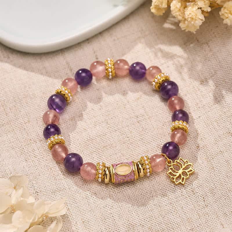Buddha Stones Natürlicher Amethyst-Erdbeerquarz-Emaille-Fassperlen-Lotusanhänger, ruhiges handpoliertes rundes Perlenarmband - Amethyst-Erdbeerquarz (Handgelenkumfang: 15–16 cm) - image 0