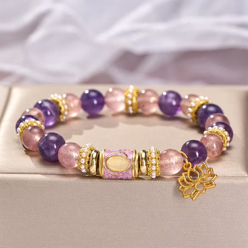 Buddha Stones Natürlicher Amethyst-Erdbeerquarz-Emaille-Fassperlen-Lotusanhänger, ruhiges handpoliertes rundes Perlenarmband - image 3