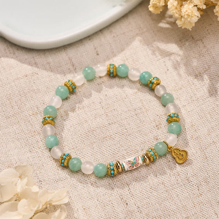 Buddha Stones Armband aus Amazonit, weißem Achat und Emaille-Fassperlen mit Schmetterlingsmotiv, handpoliert, rund - image 1