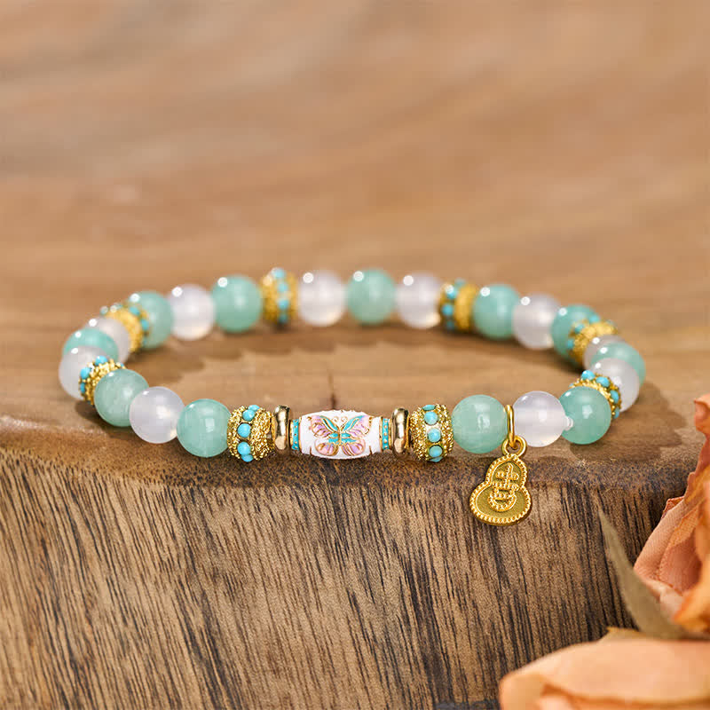 Buddha Stones Armband aus Amazonit, weißem Achat und Emaille-Fassperlen mit Schmetterlingsmotiv, handpoliert, rund - Weißer Amazonit-Achat (Handgelenkumfang: 15–16 cm) - image 0