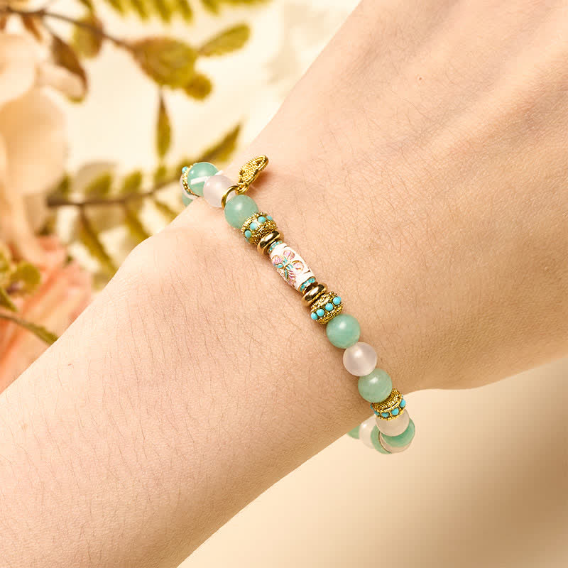 Buddha Stones Armband aus Amazonit, weißem Achat und Emaille-Fassperlen mit Schmetterlingsmotiv, handpoliert, rund - image 4