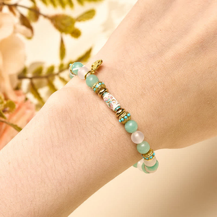 Buddha Stones Armband aus Amazonit, weißem Achat und Emaille-Fassperlen mit Schmetterlingsmotiv, handpoliert, rund - image 4