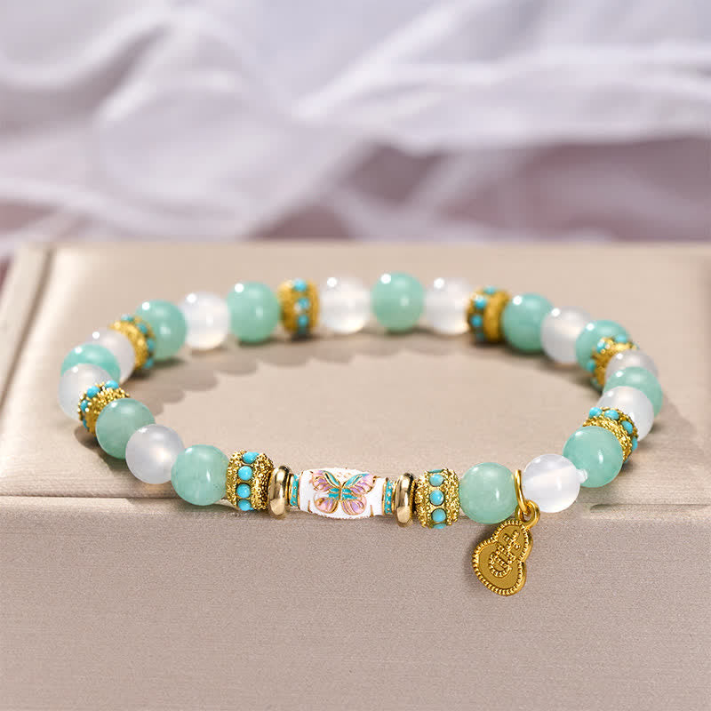 Buddha Stones Armband aus Amazonit, weißem Achat und Emaille-Fassperlen mit Schmetterlingsmotiv, handpoliert, rund - image 2