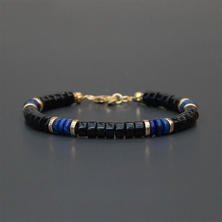 Buddha Stones Armband aus Lapislazuli- und Onyxperlen mit Wahrheitswürfel-Motiv - Lapislazuli (Weisheit ♥ Wahrheit) (Handgelenkumfang: 18-19 cm) - image 0