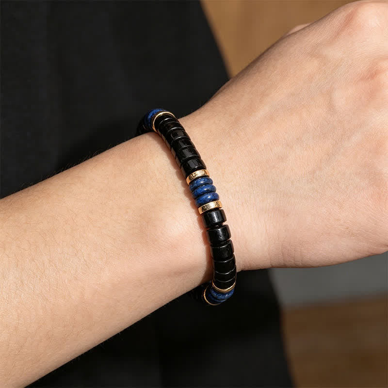 Buddha Stones Armband aus Lapislazuli- und Onyxperlen mit Wahrheitswürfel-Motiv - image 3