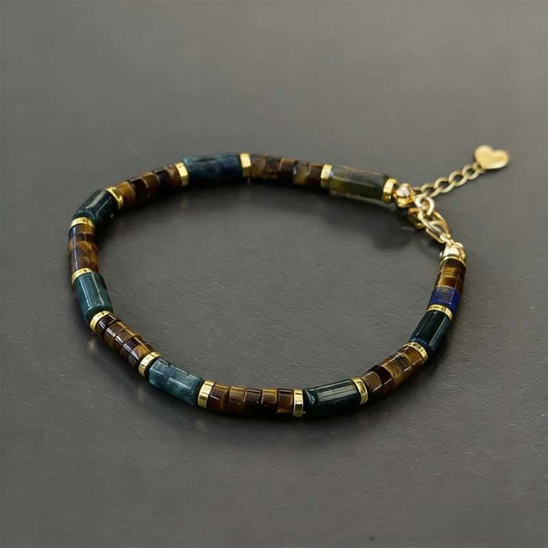 Buddha Stones, Lapislazuli, indischer Achat, Tigerauge, zylindrische Perle, Weisheitsarmband - Mit Verlängerungskette (Handgelenkumfang: 16-18 cm) - image 1