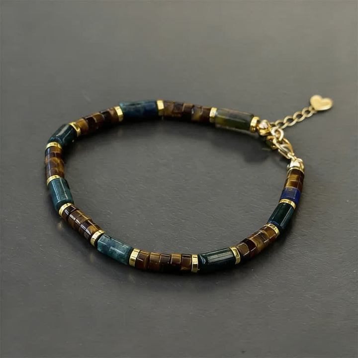 Buddha Stones, Lapislazuli, indischer Achat, Tigerauge, zylindrische Perle, Weisheitsarmband - Mit Verlängerungskette (Handgelenkumfang: 16-18 cm) - image 1