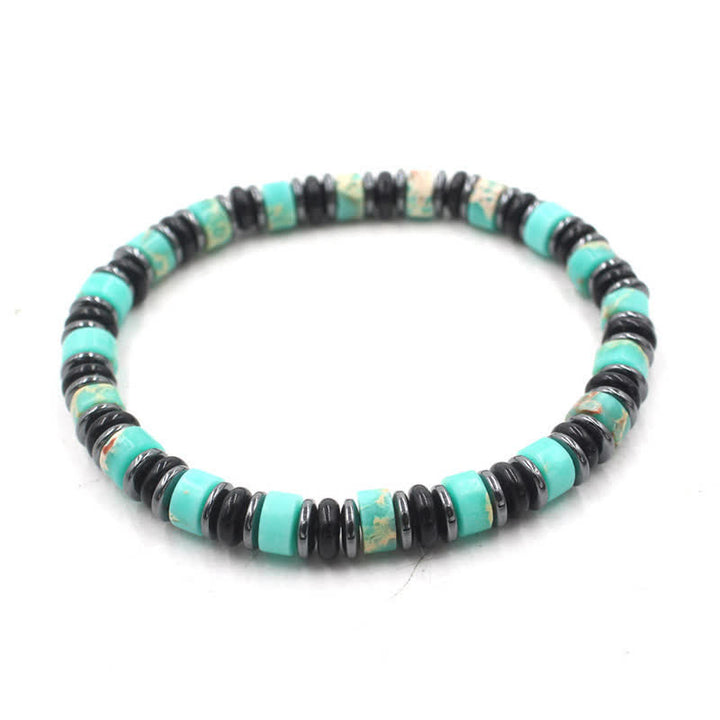 Buddha Stones Schwarzes Obsidian-Hämatit-Armband, handpoliert, ethnisch inspiriert, flache Perlen - Türkis (Schutz ♥ Kommunikation) (Handgelenkumfang: 15-16 cm) - image 6