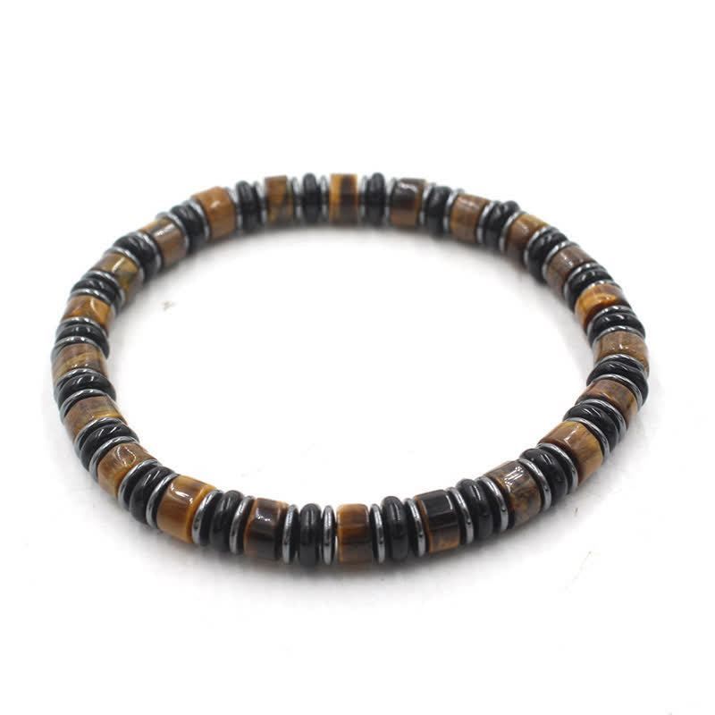 Buddha Stones Schwarzes Obsidian-Hämatit-Armband, handpoliert, ethnisch inspiriert, flache Perlen - Tigerauge (Selbstvertrauen ♥ Fokus) (Handgelenkumfang: 15-16 cm) - image 0