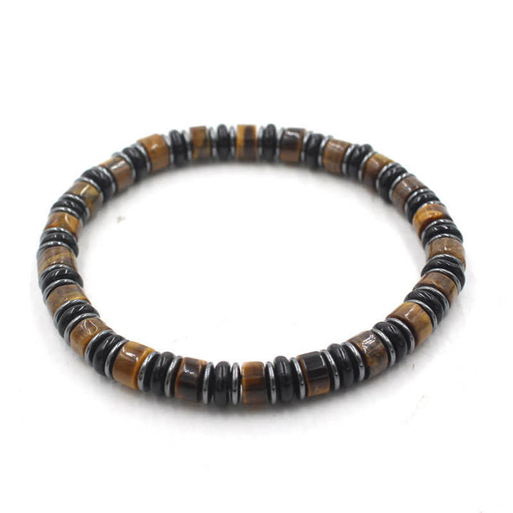 Buddha Stones Schwarzes Obsidian-Hämatit-Armband, handpoliert, ethnisch inspiriert, flache Perlen - Tigerauge (Selbstvertrauen ♥ Fokus) (Handgelenkumfang: 15-16 cm) - image 0