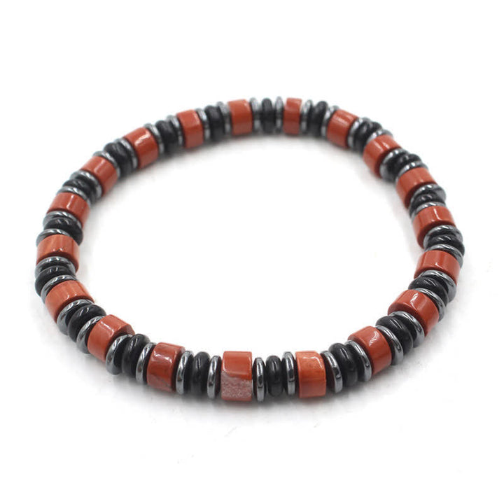 Buddha Stones Schwarzes Obsidian-Hämatit-Armband, handpoliert, ethnisch inspiriert, flache Perlen - Roter Jaspis (Schutz ♥ Weisheit) (Handgelenkumfang: 15-16 cm) - image 14