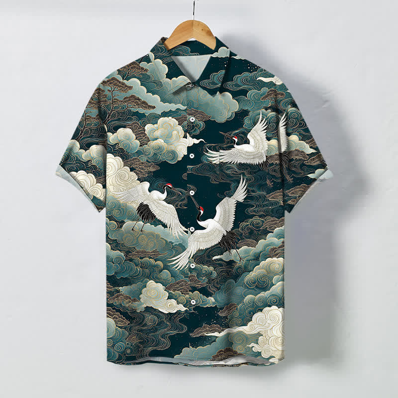 Buddha Stones Orientalisches Kranich-, Wolken- und Wellenmuster, atmungsaktives Herren-Kurzarmhemd mit Knöpfen - Türkis - US/ UK/AU48, EU58 (4XL) - image 0