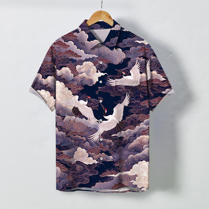 Buddha Stones Orientalisches Kranich-, Wolken- und Wellenmuster, atmungsaktives Herren-Kurzarmhemd mit Knöpfen - Dunkelschieferblau - US/ UK/AU48, EU58 (4XL) - image 5