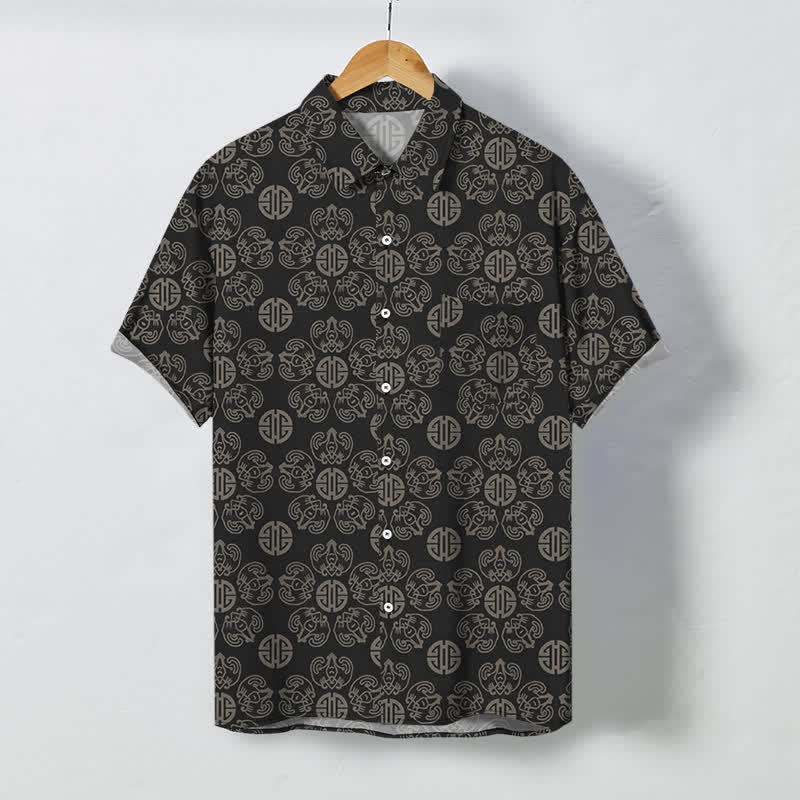 Buddha Stones Vintage Herren-Kurzarmhemd mit geometrischem Medaillonmuster und Knöpfen - 	Schwarz - US/ UK/AU48, EU58 (4XL) - image 0