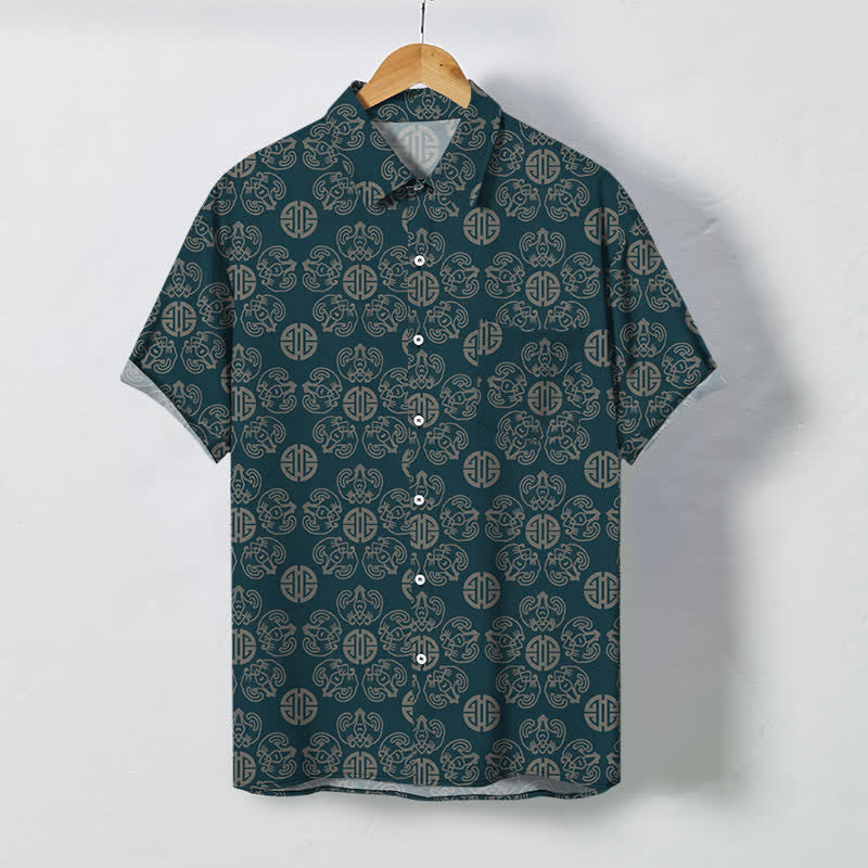 Buddha Stones Vintage Herren-Kurzarmhemd mit geometrischem Medaillonmuster und Knöpfen - Dunkelcyan - US/ UK/AU48, EU58 (4XL) - image 5