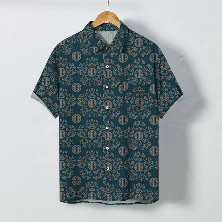 Buddha Stones Vintage Herren-Kurzarmhemd mit geometrischem Medaillonmuster und Knöpfen - Dunkelcyan - US/ UK/AU48, EU58 (4XL) - image 5