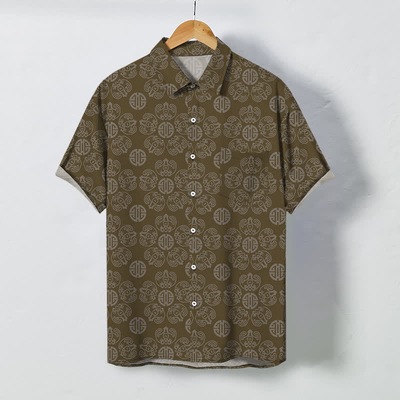 Buddha Stones Vintage Herren-Kurzarmhemd mit geometrischem Medaillonmuster und Knöpfen - Dunkelgoldenrod - US/ UK/AU48, EU58 (4XL) - image 7