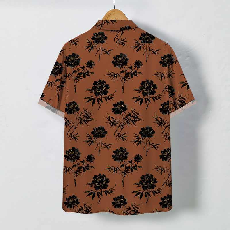 Buddha Stones Atmungsaktives Herren-Kurzarmhemd mit tropischem Blumen- und Blättermuster und Knöpfen - image 1