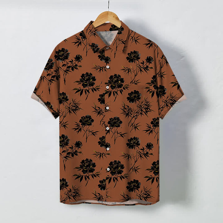 Buddha Stones Atmungsaktives Herren-Kurzarmhemd mit tropischem Blumen- und Blättermuster und Knöpfen - Sienna - US/ UK/AU48, EU58 (4XL) - image 0