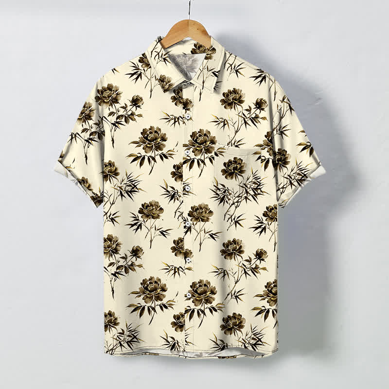 Buddha Stones Atmungsaktives Herren-Kurzarmhemd mit tropischem Blumen- und Blättermuster und Knöpfen - Beige - US/ UK/AU48, EU58 (4XL) - image 5