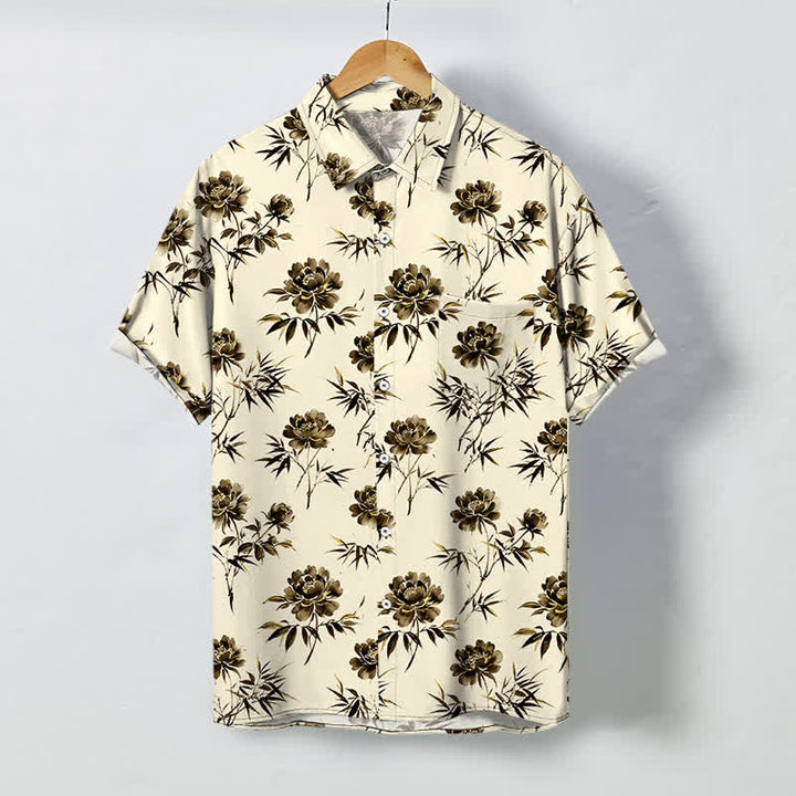 Buddha Stones Atmungsaktives Herren-Kurzarmhemd mit tropischem Blumen- und Blättermuster und Knöpfen - Beige - US/ UK/AU48, EU58 (4XL) - image 5