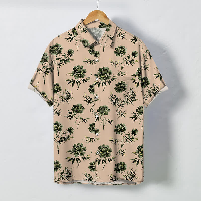 Buddha Stones Atmungsaktives Herren-Kurzarmhemd mit tropischem Blumen- und Blättermuster und Knöpfen - Pfirsichpuff - US/ UK/AU48, EU58 (4XL) - image 10