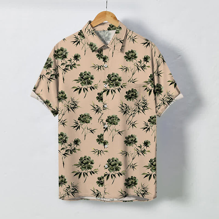 Buddha Stones Atmungsaktives Herren-Kurzarmhemd mit tropischem Blumen- und Blättermuster und Knöpfen - Pfirsichpuff - US/ UK/AU48, EU58 (4XL) - image 10