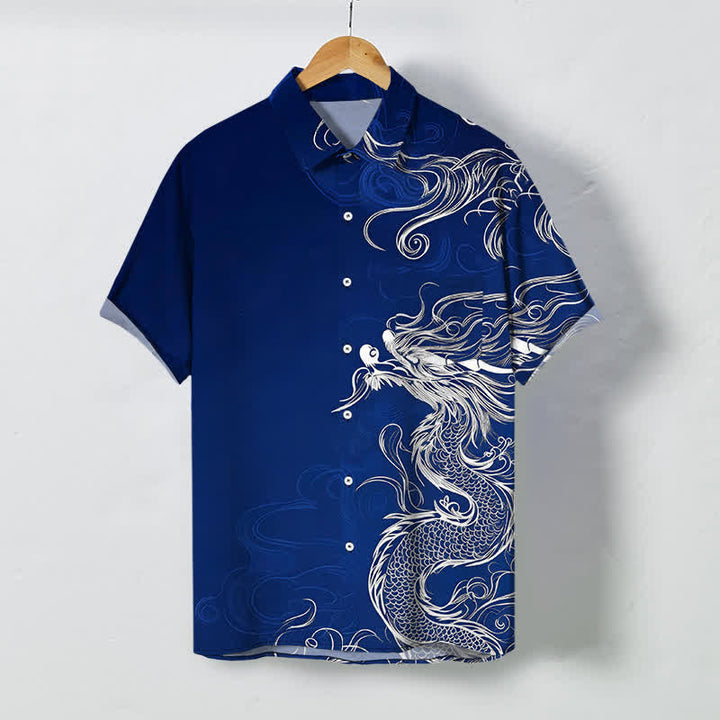 Buddha Stones Kurzarmhemd für Herren mit orientalischem Drachen- und Wolkenmuster, knitterarm. - Dunkelblau - US/ UK/AU48, EU58 (4XL) - image 0