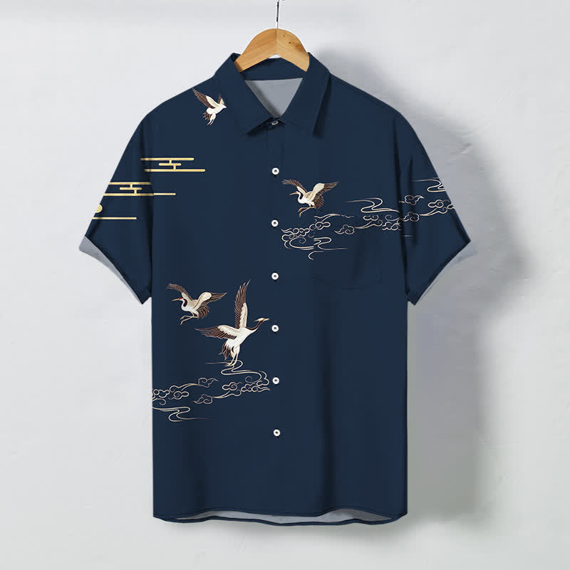 Buddha Stones Herren-Kurzarmhemd mit Kranich- und Wolkenmuster, knitterarm - Marine - US/ UK/AU48, EU58 (4XL) - image 5