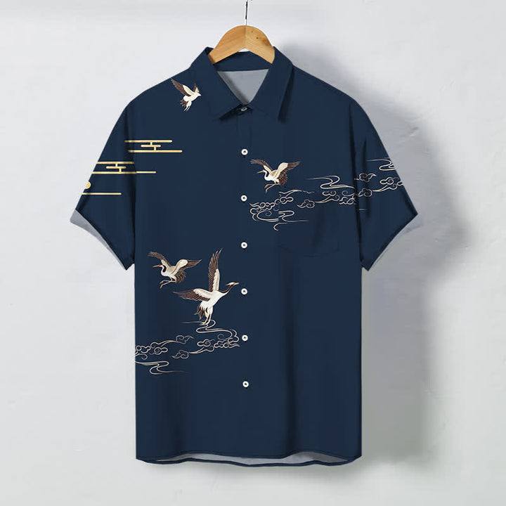 Buddha Stones Herren-Kurzarmhemd mit Kranich- und Wolkenmuster, knitterarm - Marine - US/ UK/AU48, EU58 (4XL) - image 5
