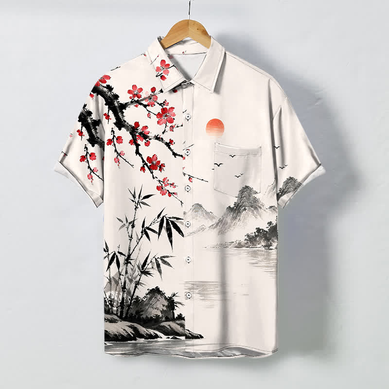 Buddha Stones Kurzarmhemd mit Bambusblüten-Sonnenuntergangsmuster, Knöpfen und Landschaftsmotiv, atmungsaktivem Design, Herren. - Elfenbein - US/ UK/AU48, EU58 (4XL) - image 0