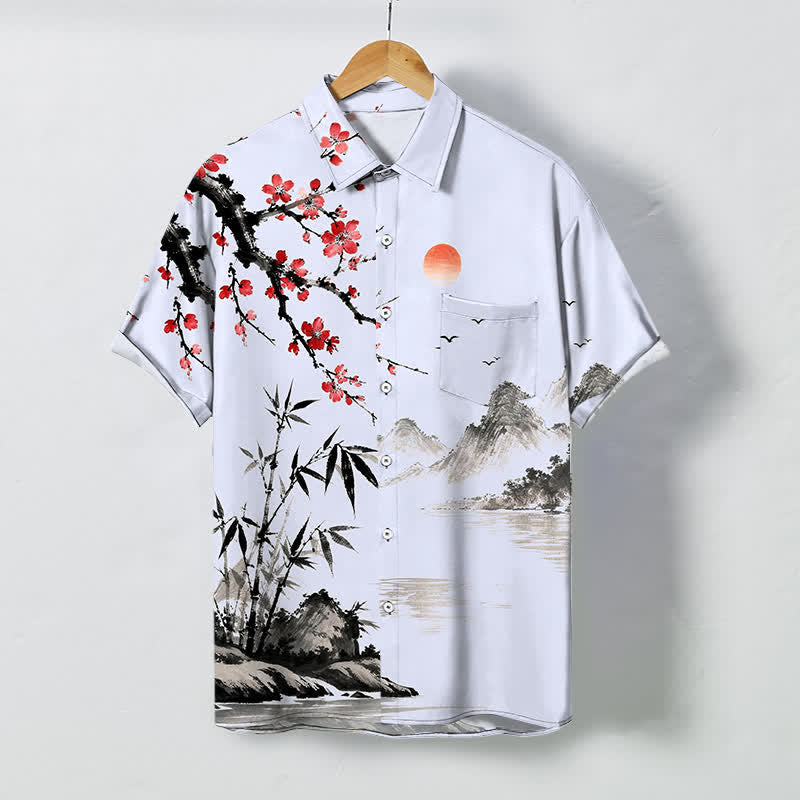 Buddha Stones Kurzarmhemd mit Bambusblüten-Sonnenuntergangsmuster, Knöpfen und Landschaftsmotiv, atmungsaktivem Design, Herren. - Hellblau - US/ UK/AU48, EU58 (4XL) - image 5