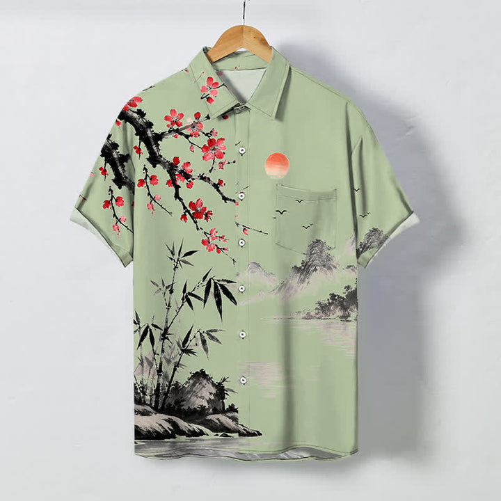 Buddha Stones Kurzarmhemd mit Bambusblüten-Sonnenuntergangsmuster, Knöpfen und Landschaftsmotiv, atmungsaktivem Design, Herren. - Mittelseegrün - US/ UK/AU48, EU58 (4XL) - image 7
