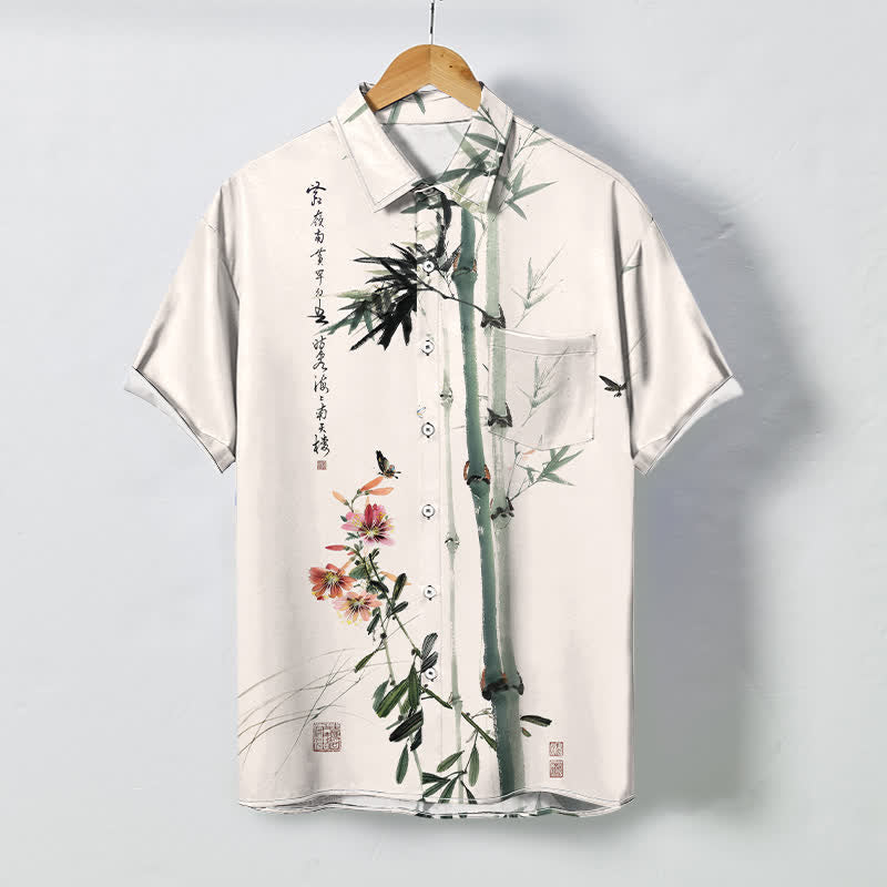 Buddha Stones Kurzarmhemd mit Bambusblüten- und Vogelmotiv, atmungsaktiv, mit Knöpfen und Kalligrafie-Print, atmungsaktiv - Leinen - US/ UK/AU48, EU58 (4XL) - image 0