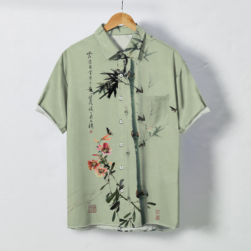 Buddha Stones Kurzarmhemd mit Bambusblüten- und Vogelmotiv, atmungsaktiv, mit Knöpfen und Kalligrafie-Print, atmungsaktiv - Dunkelseegrün - US/ UK/AU48, EU58 (4XL) - image 3