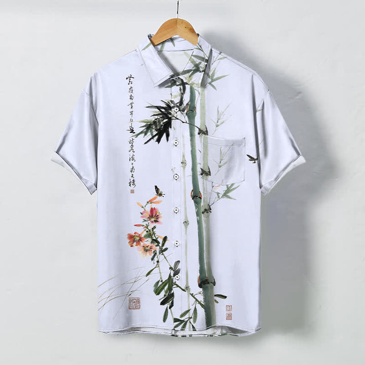 Buddha Stones Kurzarmhemd mit Bambusblüten- und Vogelmotiv, atmungsaktiv, mit Knöpfen und Kalligrafie-Print, atmungsaktiv - Hellblau - US/ UK/AU48, EU58 (4XL) - image 5