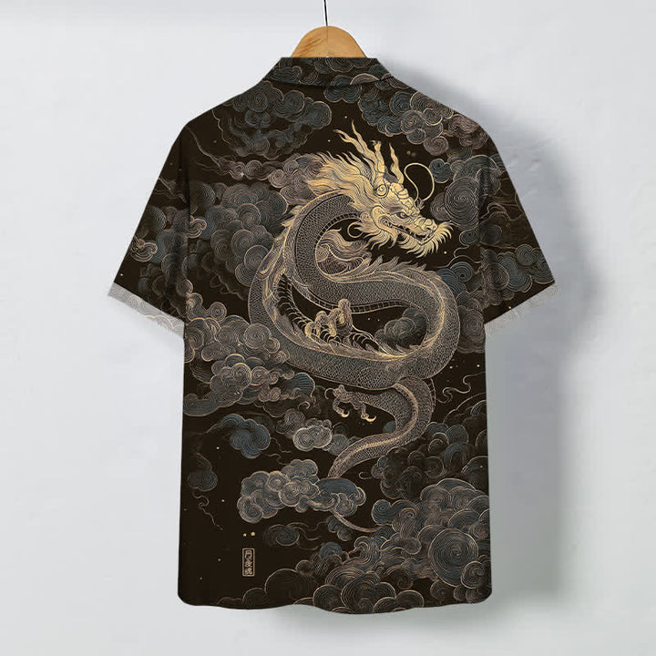Buddha Stones Herren-Kurzarmhemd mit goldenem Drachen- und Wolkenmuster, knitterarm. - image 1