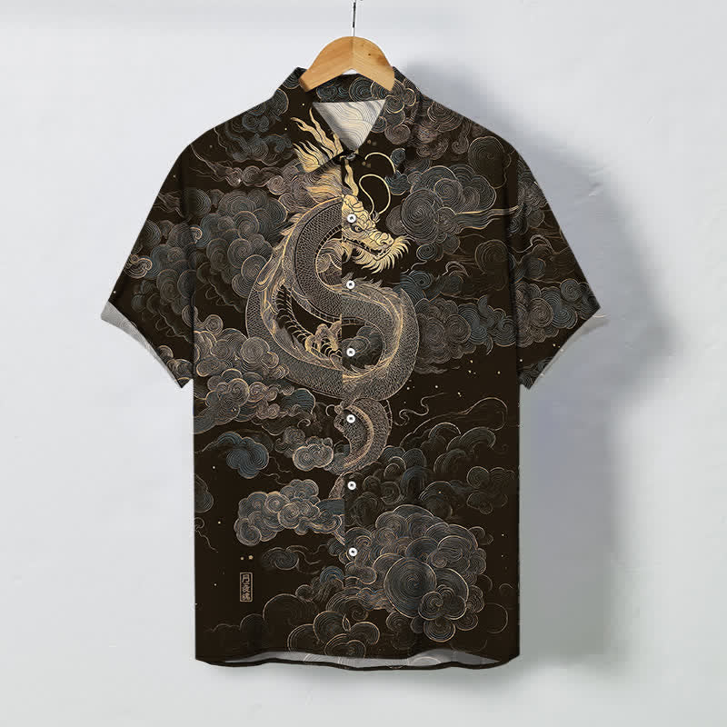Buddha Stones Herren-Kurzarmhemd mit goldenem Drachen- und Wolkenmuster, knitterarm. - Schwarz - US/ UK/AU48, EU58 (4XL) - image 0