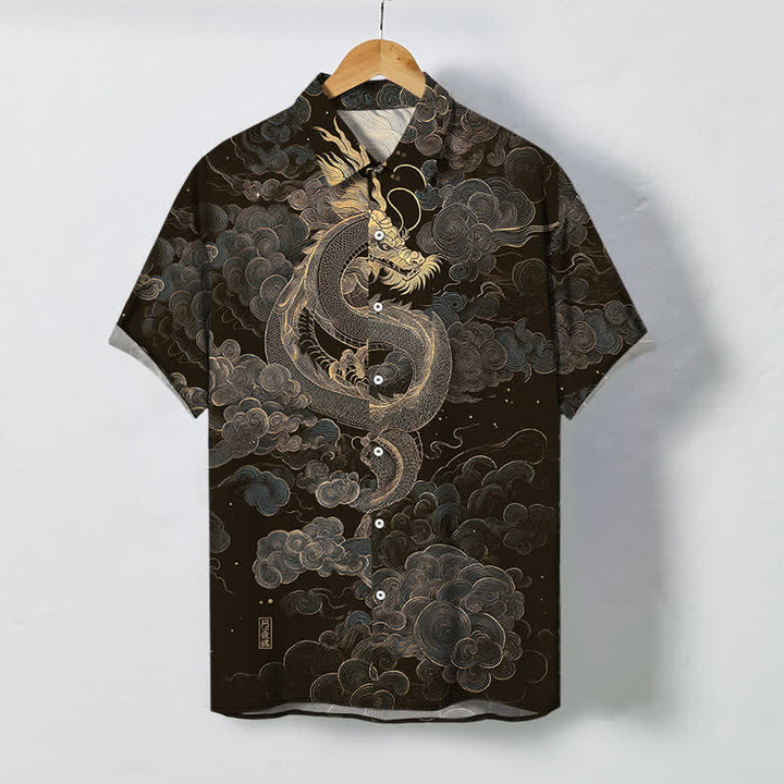 Buddha Stones Herren-Kurzarmhemd mit goldenem Drachen- und Wolkenmuster, knitterarm. - Schwarz - US/ UK/AU48, EU58 (4XL) - image 0