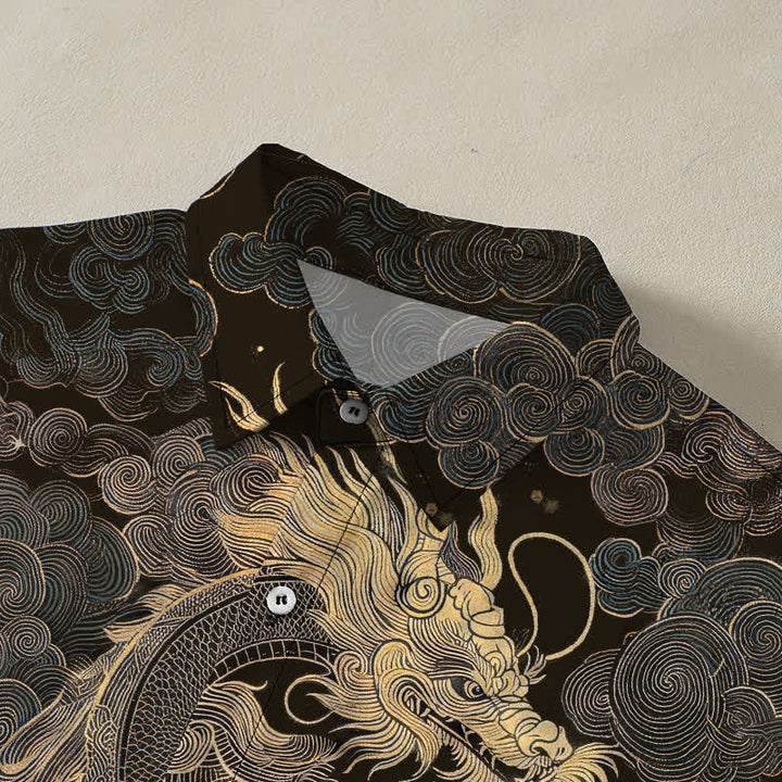 Buddha Stones Herren-Kurzarmhemd mit goldenem Drachen- und Wolkenmuster, knitterarm. - image 2