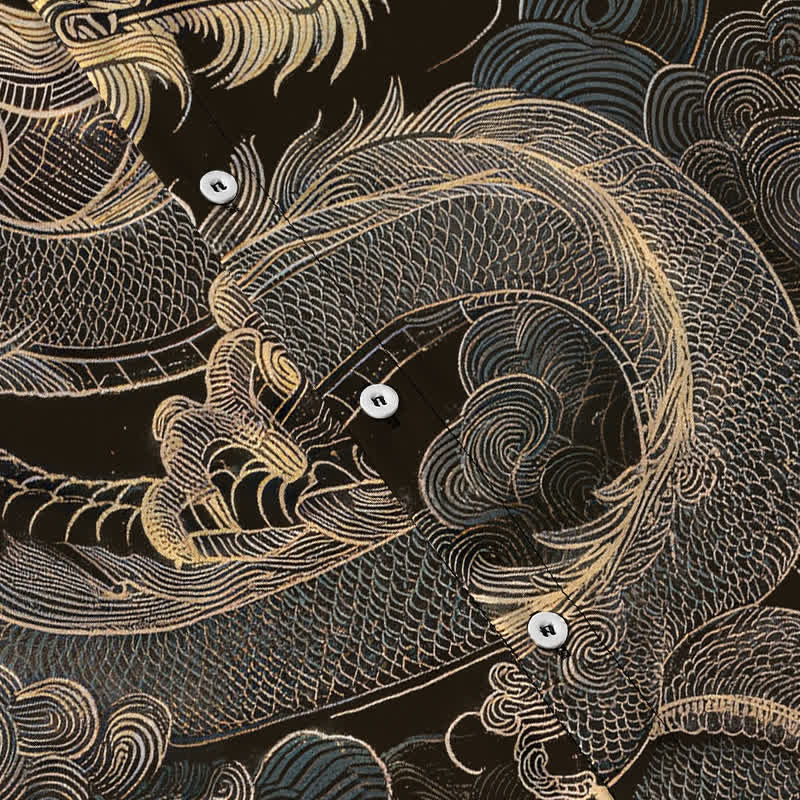 Buddha Stones Herren-Kurzarmhemd mit goldenem Drachen- und Wolkenmuster, knitterarm. - image 3